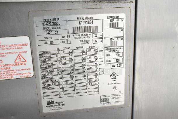 Taylor 342D-27 frozen beverage machine label. Shows part, model, and serial numbers; voltage; and refrigerant info.