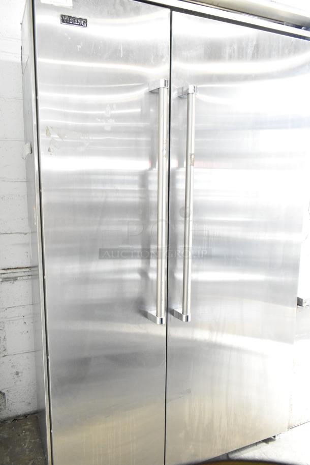 Viking Reach In Cooler with Freezer, stainless steel, dual doors, 115 volts, 1 phase, visible Viking logo, lightly worn.