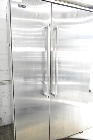 Viking Reach In Cooler with Freezer, stainless steel, dual doors, 115 volts, 1 phase, visible Viking logo, lightly worn.