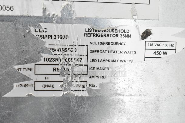 Close-up of label on Viking Reach In Cooler w/ Freezer, indicating 115V, 1 Phase, 450W power specs.