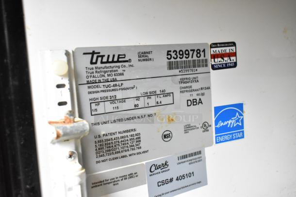 True TUC-48-LP undercounter cooler label; 115V, 1 phase, Energy Star rated, NSF listed, made in USA. Serial: 5399781.