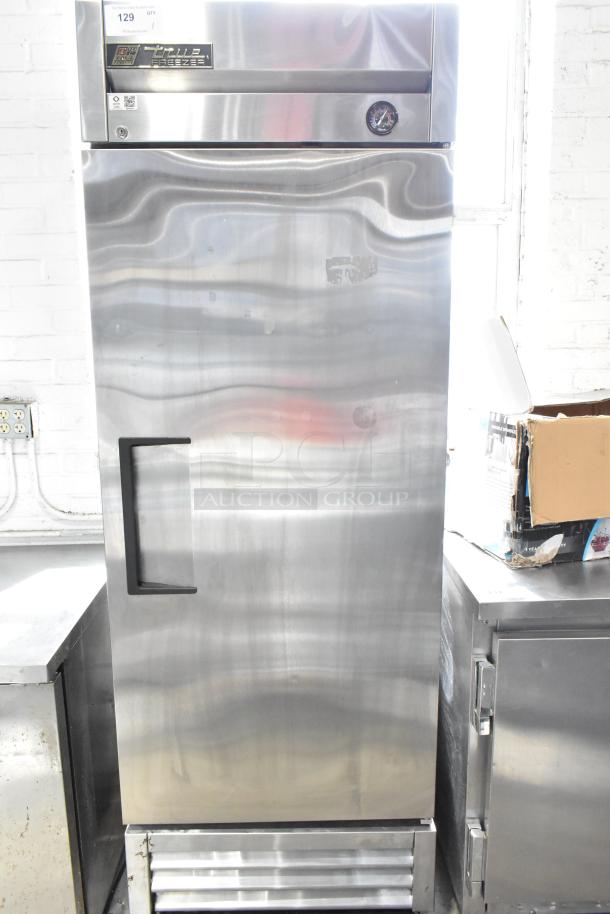 2016 True T-19F single door commercial freezer, stainless steel, on casters, visible True logo, 115V, 1 phase.