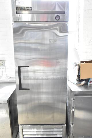 2016 True T-19F single door commercial freezer, stainless steel, on casters, visible True logo, 115V, 1 phase.