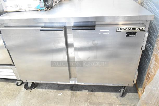 Beverage Air WTF48A 2-door undercounter freezer on commercial casters, stainless steel, 115V, 1 phase, visible brand plate.