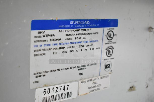 Beverage Air WTF48A undercounter freezer label, model details, 115V, R404A refrigerant, commercial quality on casters.
