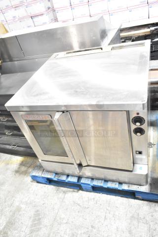 Blodgett commercial full-size convection oven with view-through door, solid door, and thermostatic controls.