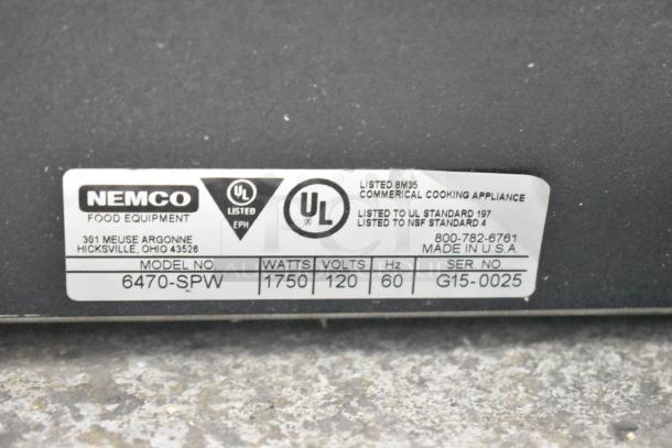 Nemco 6470-SPW tag showing UL certification, model, 1750 watts, 120 volts, 60 Hz, made in USA, serial G15-0025.