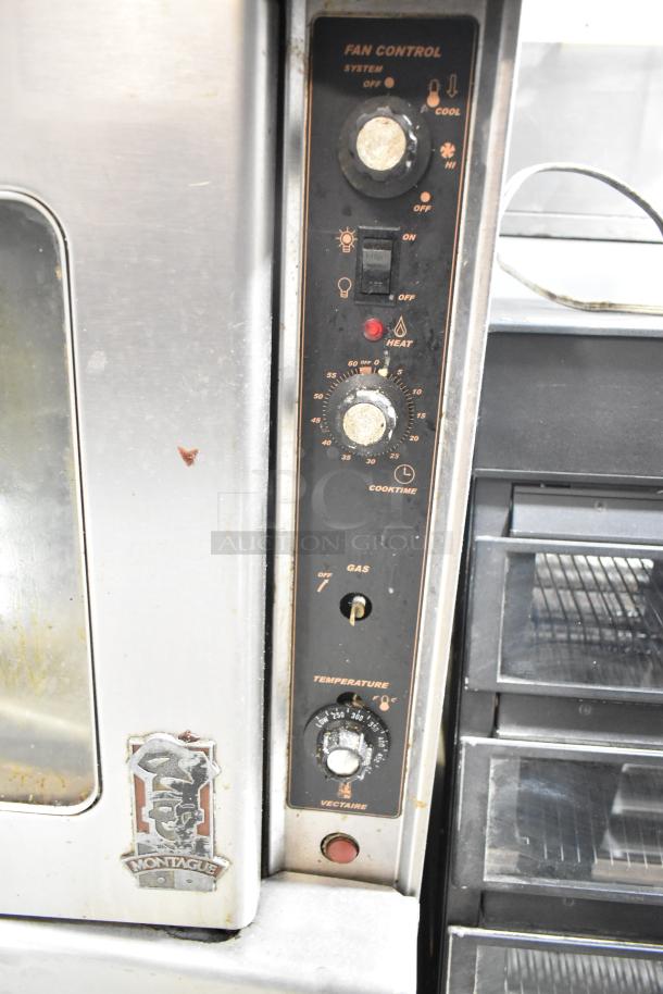 Montague commercial convection oven, gas-powered, full-size with view-through doors, thermostatic controls, visible branding.