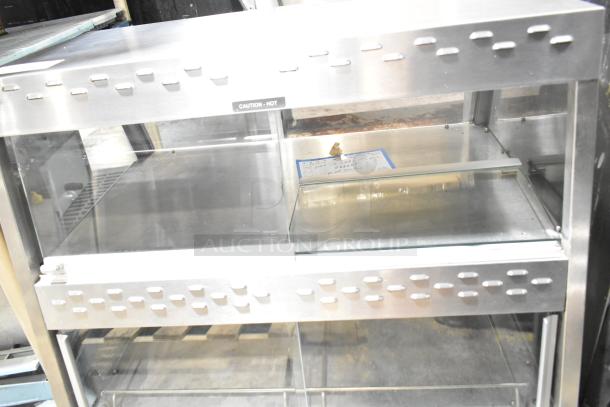 Hatco Commercial Countertop 2 Tier Warming Display Case, stainless steel, glass doors, "Caution Hot" label, excellent condition.
