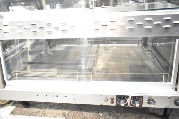 Hatco Commercial Countertop 2 Tier Warming Display Case, stainless steel, glass doors, dual temperature knobs, used condition.