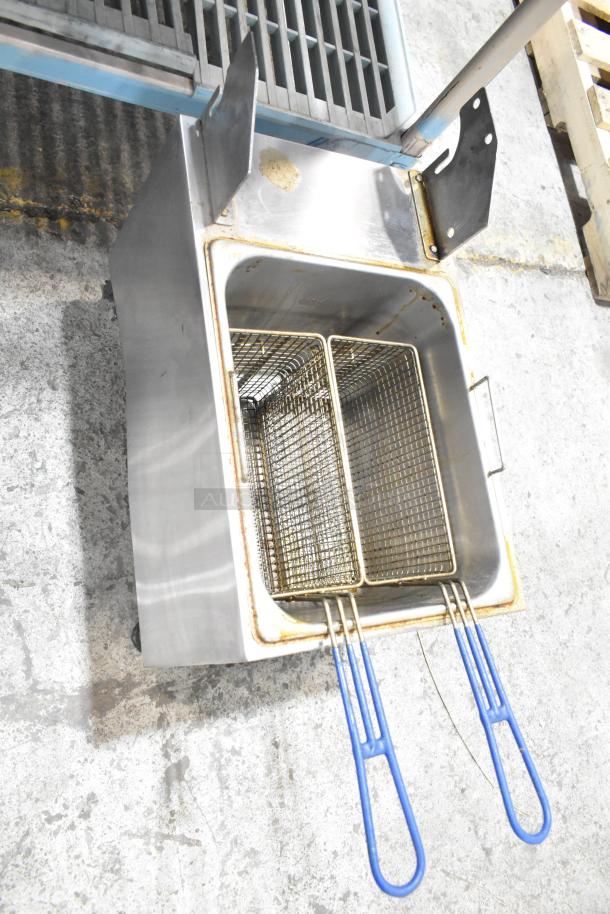 Centaur ABF16-208V countertop electric fryer with 2 baskets, showing light wear. 208/240V, 1 phase. Blue handles visible.