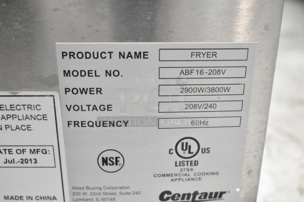 Centaur ABF16-208V countertop fryer label showing model, power, voltage, frequency, and NSF, UL certifications.