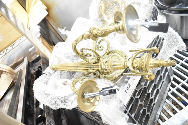 Lot of items including ornate brass light fixture with detailed scrollwork, in good condition, wrapped in bubble wrap.