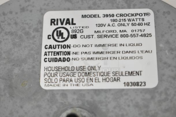 Rival 3950 slow cooker label showing model and safety warnings. 120V, household use only. Made in the USA.