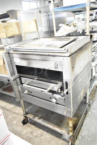 Montague C36SHB Legend Commercial Natural Gas Powered Radiglo Steakhouse Broiler on Commercial Casters. 42,000 BTU.