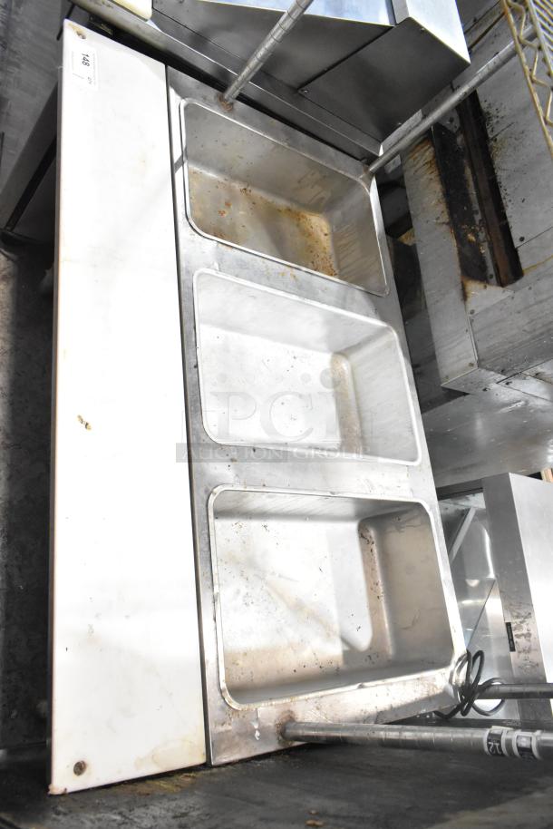 Eagle DHT3-120 commercial electric 3-bay steam table with wire over shelf. Used condition, visible wear and grime. 120 Volts, 1 Phase.