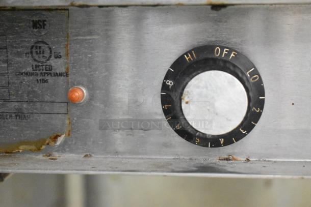 Eagle DHT3-120 steam table control panel, shows temperature dial and certification markings for NSF and UL approvals.