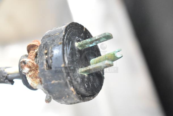 Close-up of a corroded plug from an Eagle DHT3-120 steam table, showing rust and oxidation on the metal prongs.