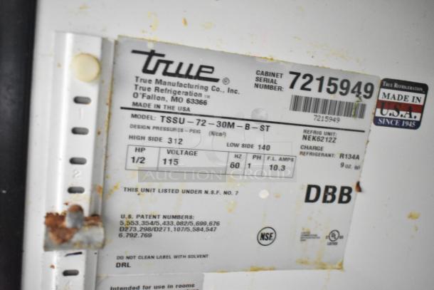 True TSSU-72-30M-B-ST prep table label, showing voltage of 115 and model details, NSF certified, made in USA.