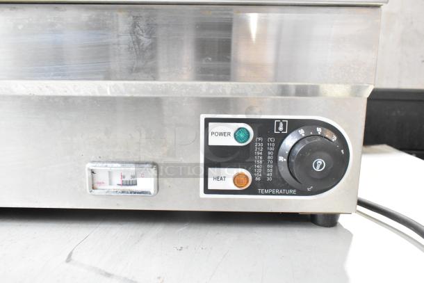 Vevor NB-B23 commercial electric steam food warmer with glass over shelf, control panel showing power and temperature dials.