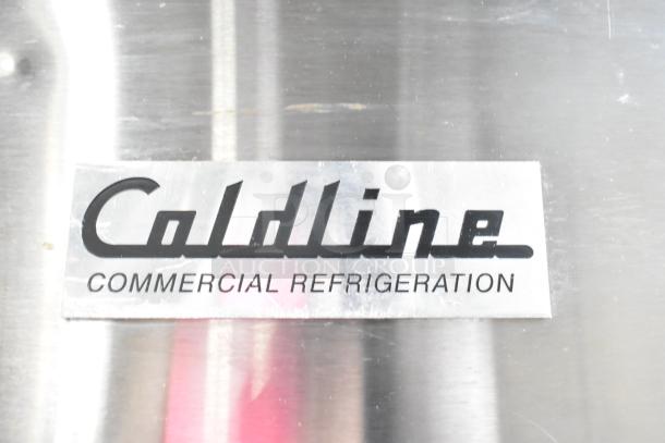 Coldline CFD-2RR-E-HC label on a commercial 2-door reach-in cooler. Stainless steel finish, 115 volts, 1 phase.