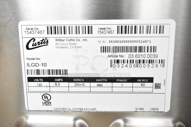 Curtis ILGD-10 coffee grinder label showing model, 120V, 8A, single-phase, 960W, UL listed. Serial No: 15437467.