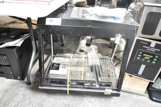 Avantco 177HDC26 26" heated display case, 3 shelves, scratch and dent, sliding doors, 120V, 1 phase, black finish.