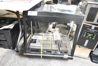 Avantco 177HDC26 26" heated display case, 3 shelves, scratch and dent, sliding doors, 120V, 1 phase, black finish.