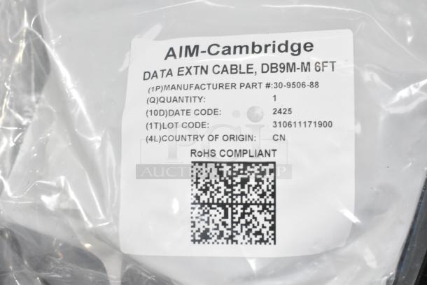 AIM-Cambridge data extension cable, DB9M-M, 6ft. Manufacturer part #30-9506-88. RoHS compliant. Made in China.