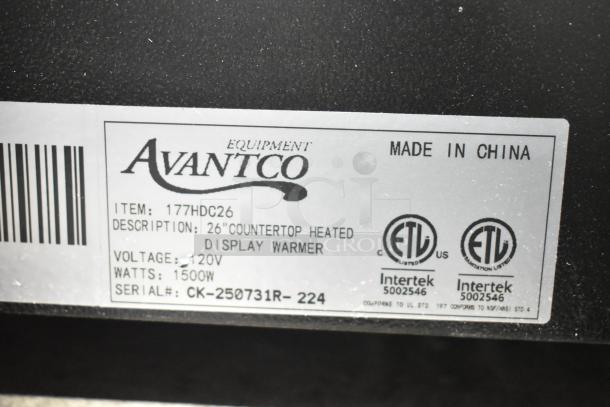 Avantco 177HDC26 label, 26” countertop heated display warmer, 120V, 1500W. ETL listed, Model CK-250731R-224, made in China.