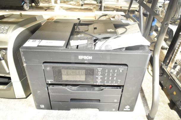 Epson WF-7840 printer, copier, scanner. Black, countertop model. 100-120 Volts, 1 Phase. Slight wear visible.
