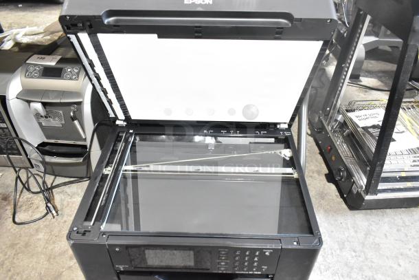 Epson WF-7840 scanner copier printer with open lid, showing glass scanner bed, control panel. 100-120V, 1 Phase.
