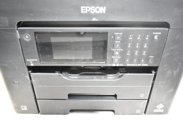 Epson WF-7840 multifunction printer, scanner, copier; 100-120V, 1 phase. Features touch panel, dual paper trays, good condition.