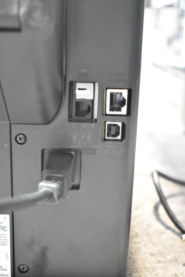 Epson WF-7840 scanner copier printer ports, including LAN, USB, and power connections, 100-120V, 1 phase.