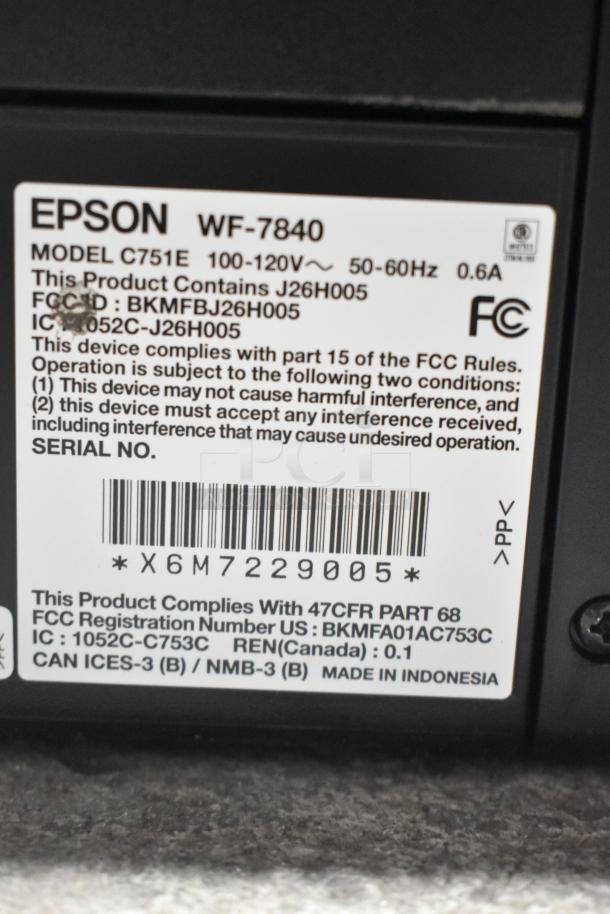 Epson WF-7840 scanner copier printer label, model C751E, 100-120V, 1 phase, FCC compliant, serial X6M7229005.