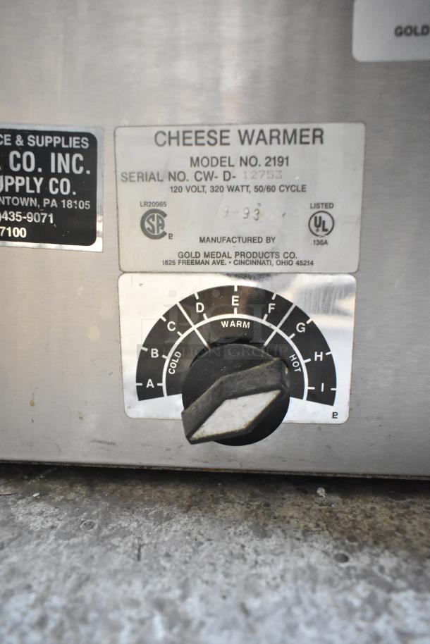 Gold Medal 2191 Countertop Cheese Warmer, 120 Volts, with adjustable temperature dial and manufacturer label visible.