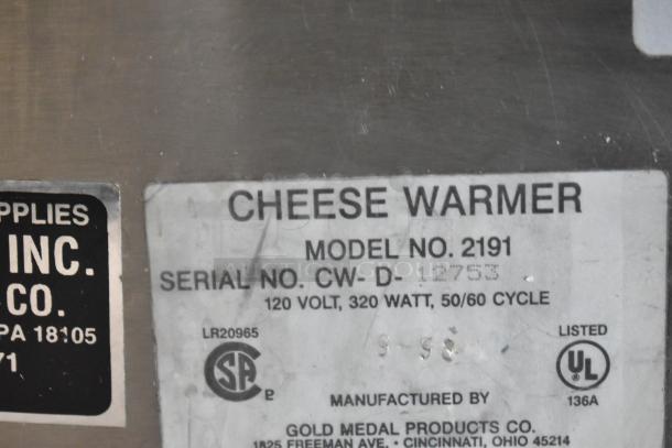 Gold Medal 2191 Countertop Cheese Warmer label; 120 volts, 320 watts, 50/60 cycle; serial no. CW-D-12753.