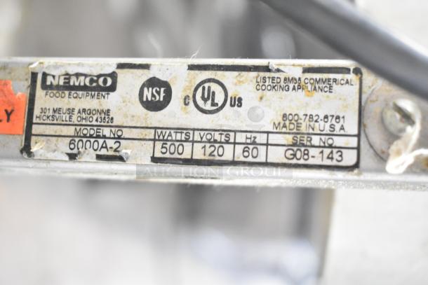 Nemco 6000A-2 countertop lamp warmer label showing model, 500 watts, 120 volts, NSF and UL certifications.