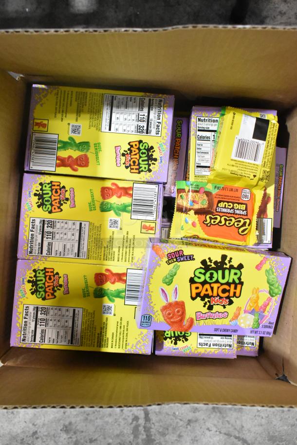 Box of assorted candies including Sour Patch Kids Bunnies, Reese's, and more. Sealed packages. 7 times your bid.