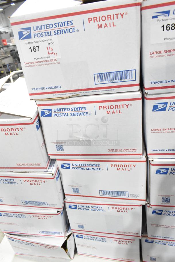 10 USPS Priority Mail boxes labeled "10 Boxes" containing various candies including Starbursts, Reese's, and Peeps.