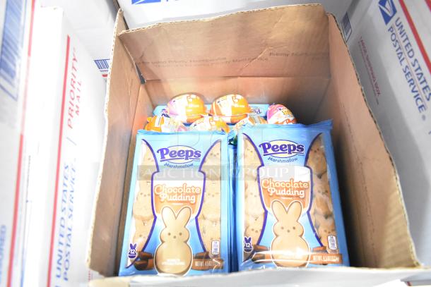 Box containing Peeps Chocolate Pudding marshmallows and other assorted candies. Ideal for collectors or resellers.