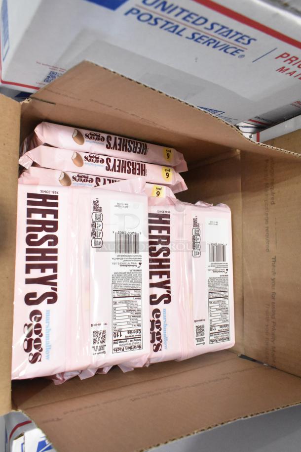 Box of Hershey's Marshmallow Eggs with visible packaging details, includes nutrition facts and barcodes.