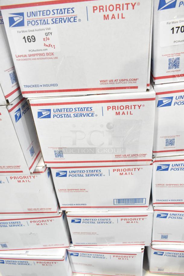 10 USPS Priority Mail boxes filled with assorted candies including Sour Punch Twists, Junior Mints, Sour Patch Kids, JET-PUFFED Marshmallows, Reese's. Quantity tag reads "10 boxes."