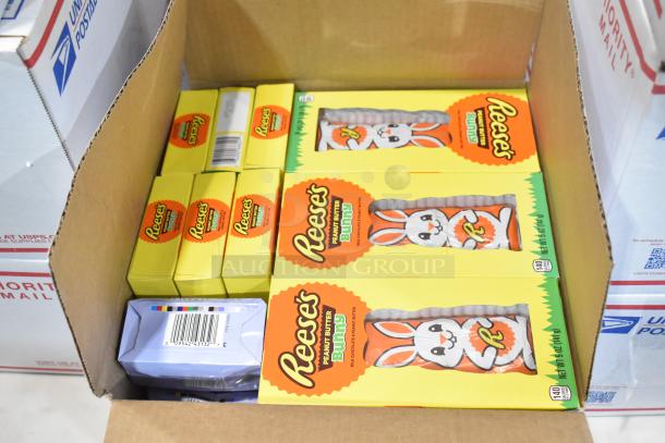 10 boxes of candy featuring Reese's Peanut Butter Bunnies. Bright packaging, unopened, and in excellent condition.