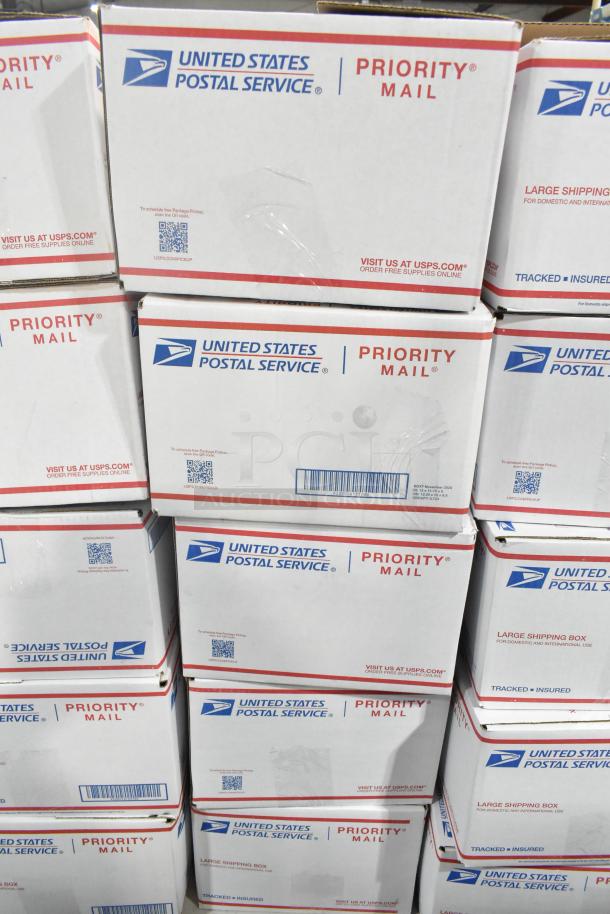 10 USPS Priority Mail boxes containing various candies like Jef Puffed Marshmallows, Reese's, and Hershey's Kisses.
