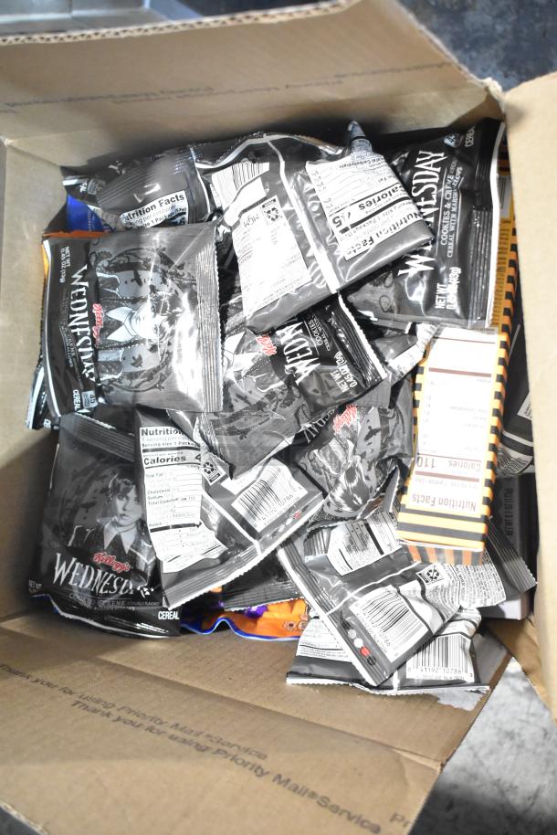 Box containing Kellogg's Wednesday cereal snack packs and various candy, including marshmallows and Haribo Sour Easter Grass.