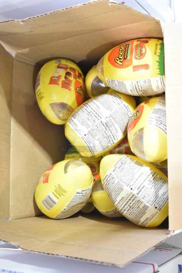 Box of Reese’s candy eggs, unopened, featuring bright yellow packaging with nutritional information labels.