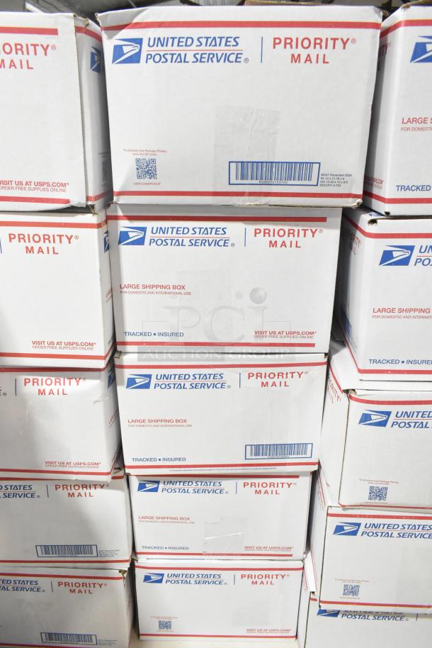 10 USPS Priority Mail boxes containing assorted candy: Nutella, Chocolate Bunnies, M&Ms, Hersheys Eggs, Sour Patch Twists.