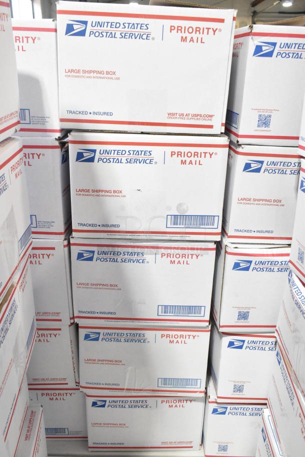 10 USPS Priority Mail boxes labeled for large shipping. Contains candy including marshmallows and jellybeans.