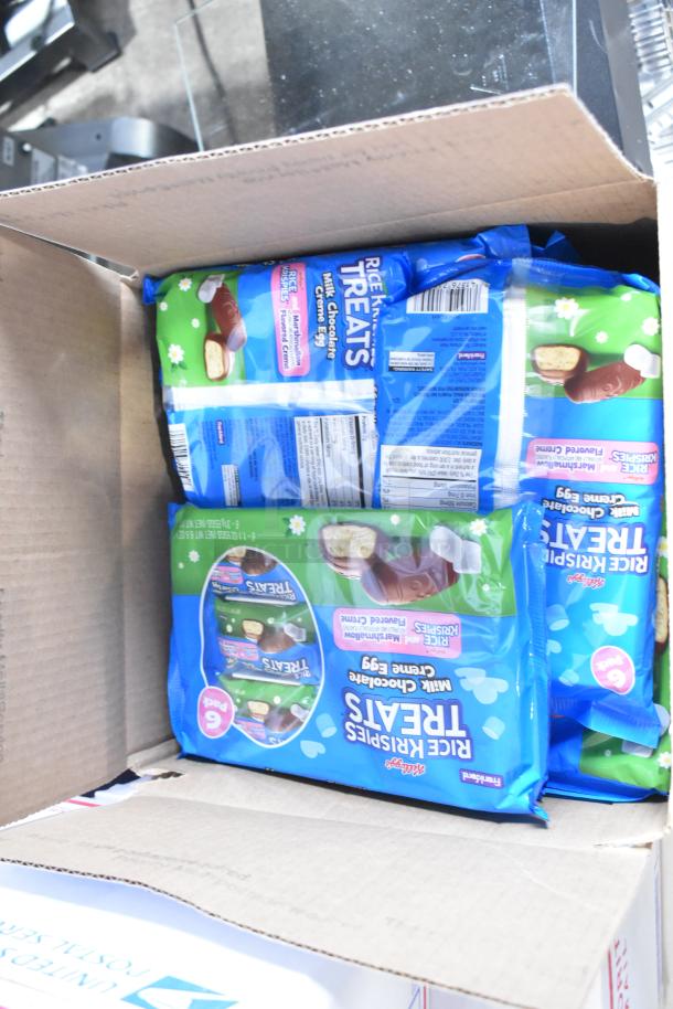 Box containing multiple packs of Kellogg's Rice Krispies Treats, Milk Chocolate Creme Egg flavor, unopened.